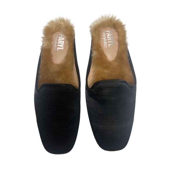 Faryl by Farylrobin NWOT Black Ribbed Satin Fur Lined Slides - Picture 3 of 7